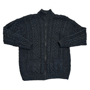 Aran Cable Knit Zip Cardigan Mens L Charcoal 100% Wool Classic Outdoor Fisherman